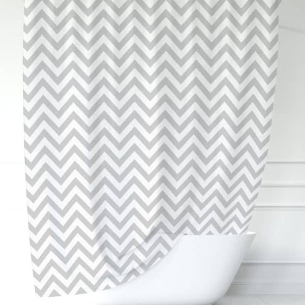 Gray And White Chevron Patterned Shower Curtain.