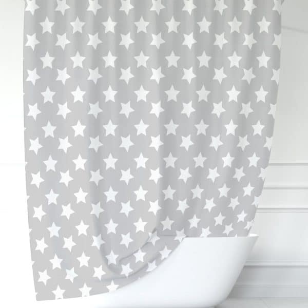 Grey Shower Curtain With A White Star Pattern.