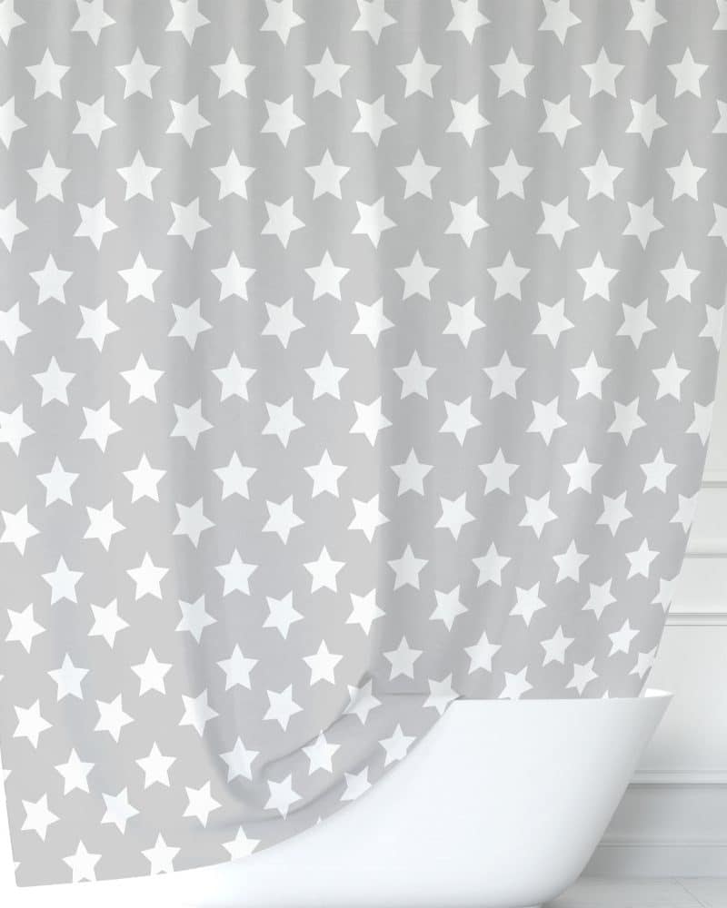 Grey shower curtain with a white star pattern.