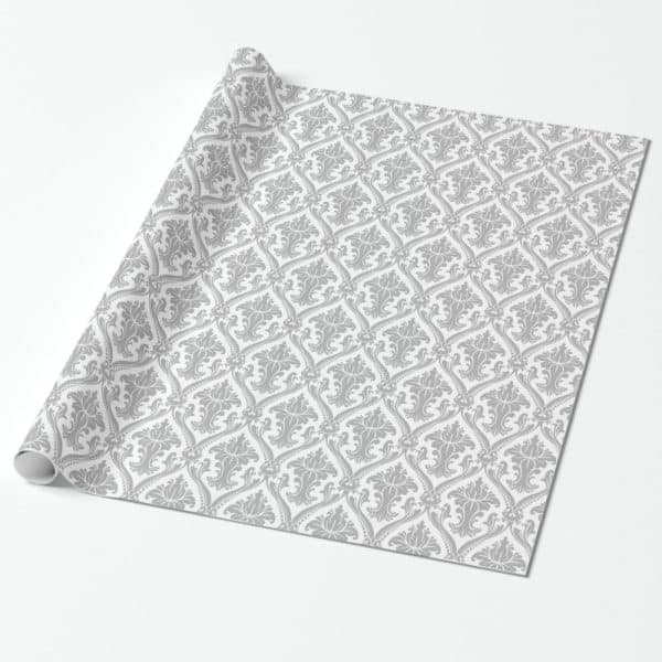 Partially Rolled Gray Damask Patterned Wrapping Paper.