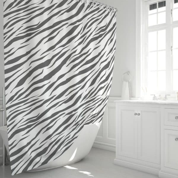 Gray And White Zebra-Striped Shower Curtain.