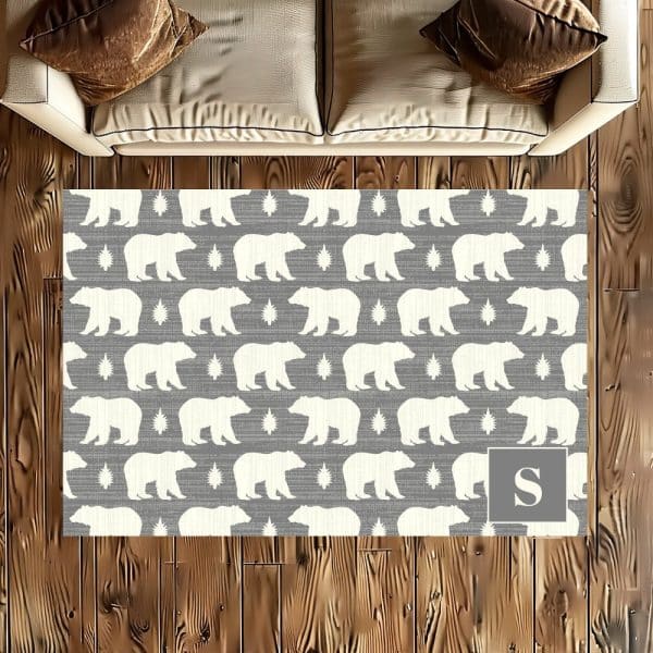 Grey Area Rug With A Repeating Pattern Of White Bears And Stars, Personalized With A Grey S.