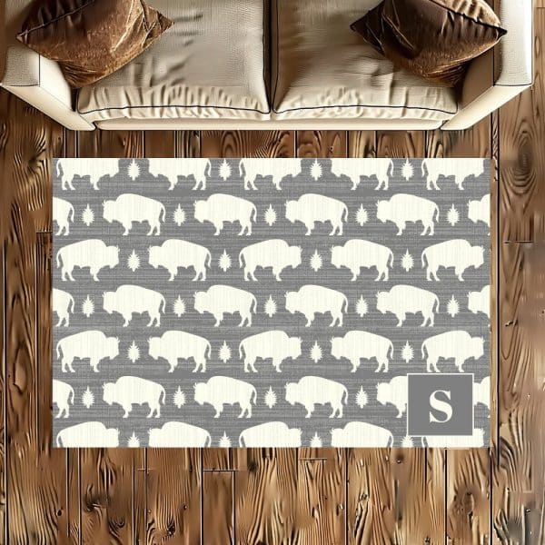 Gray Area Rug With A Repeating Pattern Of White Bison Silhouettes And Starbursts. A Monogrammed Letter S Is In The Lower Right Corner.