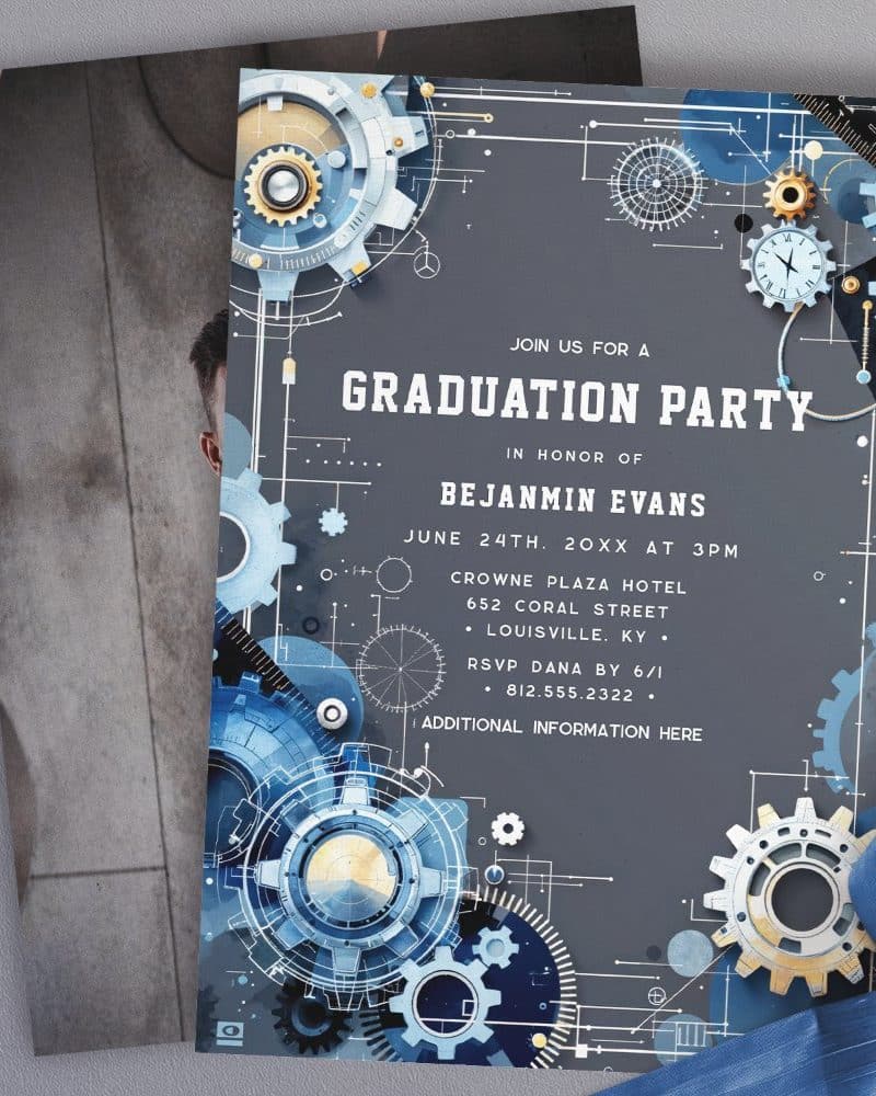 Graduation party invitation for Benjamin Evans, featuring a blue and gray gear design.