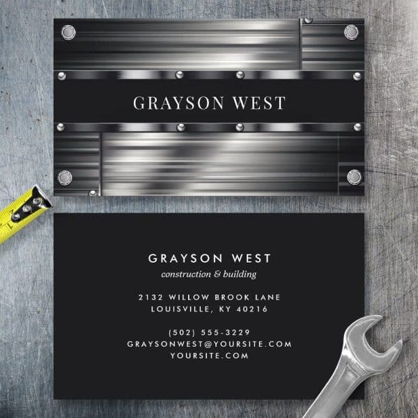 Business Card For Grayson West Construction, Featuring A Metallic Design.
