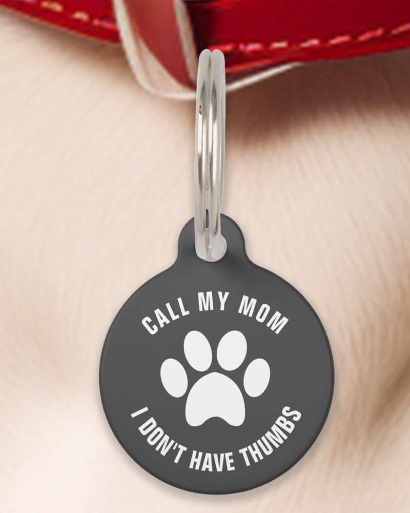 Dark gray pet ID tag with a paw print and the text Call My Mom I Don't Have Thumbs.