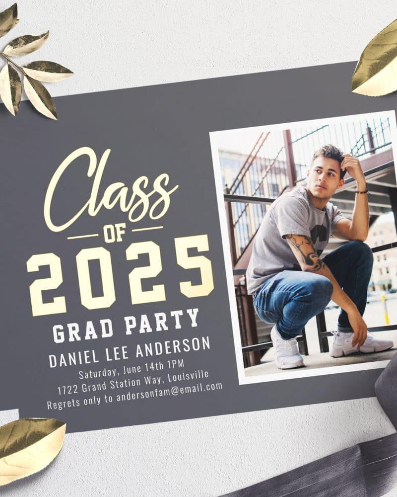 Graduation party invitation for Daniel Lee Anderson, Class of 2025. A photo of the graduate is included.