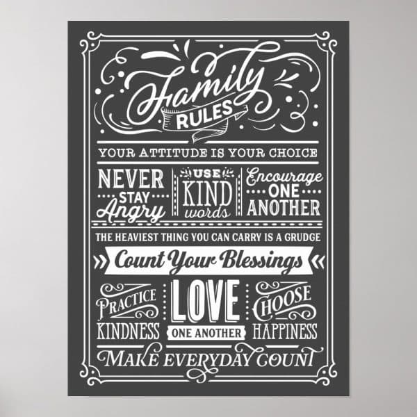 Black And White Family Rules Poster With Decorative Lettering. The Poster Features Positive Messages About Kindness, Love, And Gratitude.