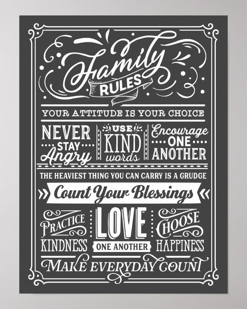 Black and white family rules poster with decorative lettering. The poster features positive messages about kindness, love, and gratitude.