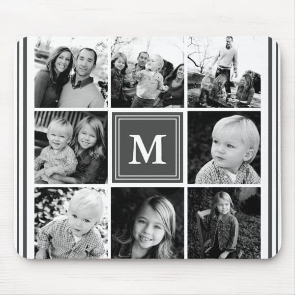 Black And White Photo Collage Of A Family, Featuring Multiple Images Of Children And Parents, With A Central Monogram &Quot;M&Quot;.