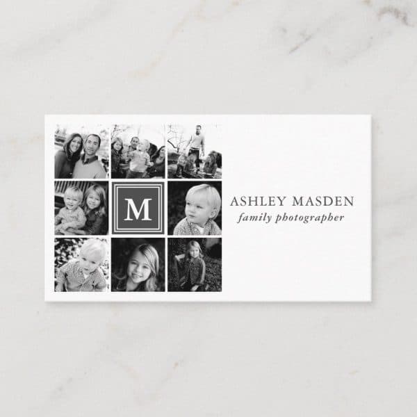 Black And White Business Card Featuring A Collage Of Family Photos And The Photographer'S Name And Title.