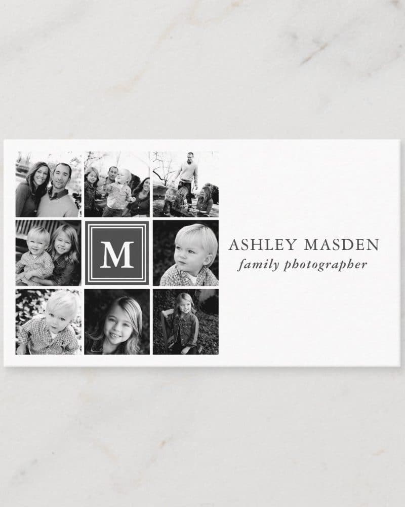 Black and white business card featuring a collage of family photos and the photographer's name and title.