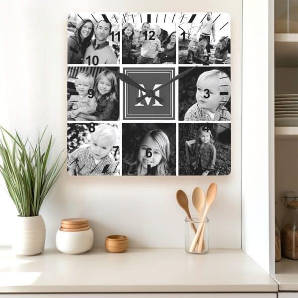 Square Clock With Black And White Family Photos Forming The Clock Face, Featuring A Central Monogram.