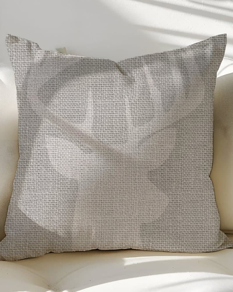 Light beige square pillow with a subtle textured weave, resting on a white couch.