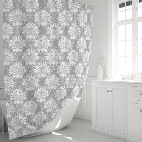 Gray Shower Curtain With A Repeating Pattern Of White Stylized Seashells.