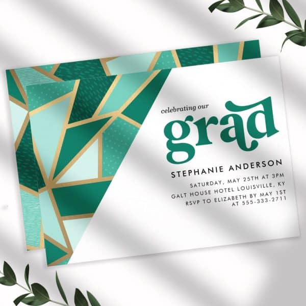 Graduation Invitation For Stephanie Anderson, Featuring A Green And Gold Geometric Design.