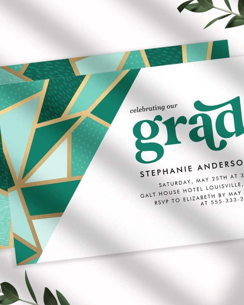 Graduation invitation for Stephanie Anderson, featuring a green and gold geometric design.