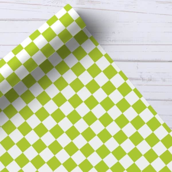 Roll Of Lime Green And White Checkered Wrapping Paper.