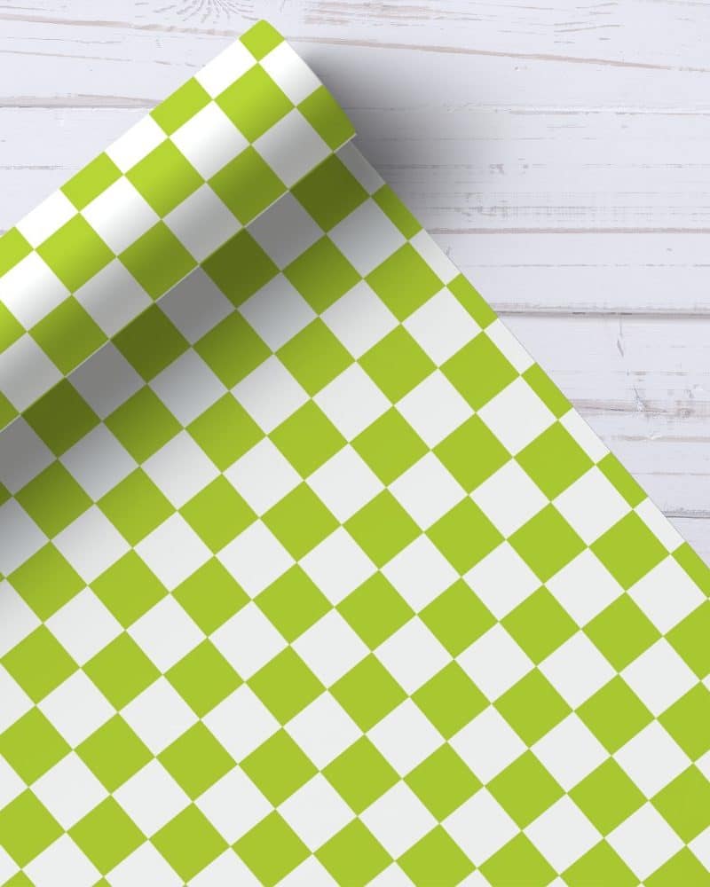 Roll of lime green and white checkered wrapping paper.