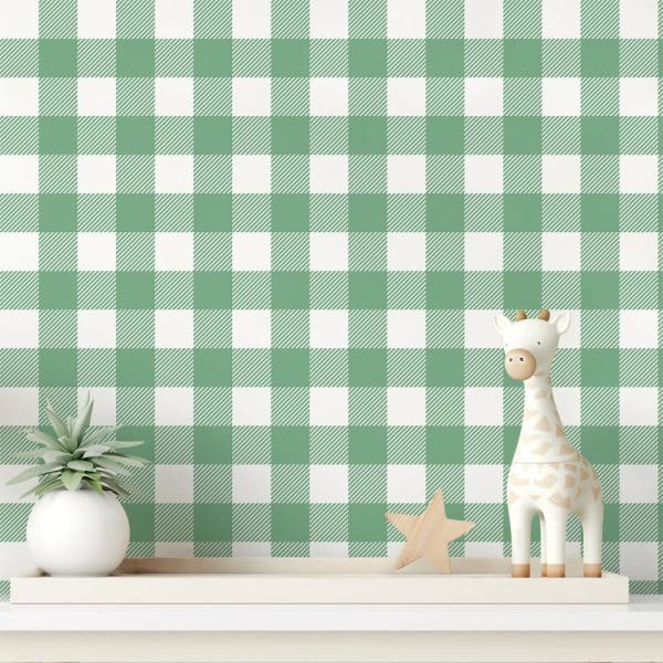 Sage Green And White Gingham Wallpaper With A Small Giraffe Toy And Potted Plant On A Shelf.