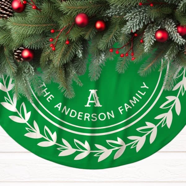 Green Christmas Tree Skirt With The Anderson Family Name And A Large A In A Circular Design.
