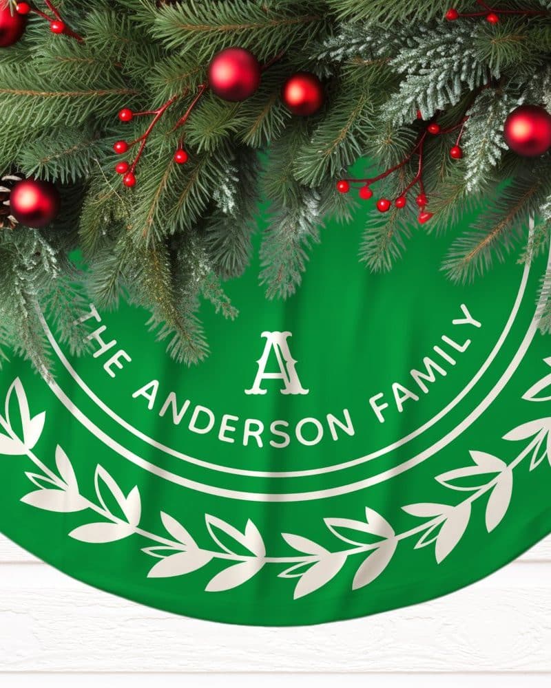 Green Christmas tree skirt with the Anderson family name and a large A in a circular design.