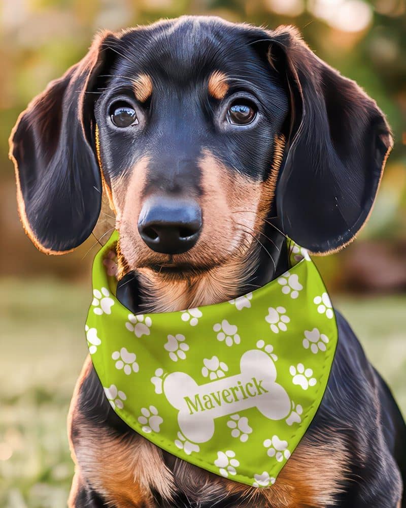 A black and tan dachshund puppy wearing a lime green bandana with white paw prints and the name Maverick.