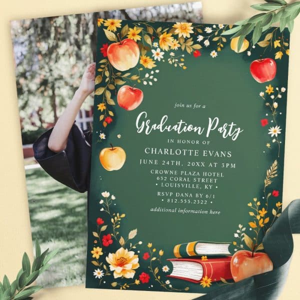 Graduation Party Invitation For Charlotte Evans, Featuring Apples, Flowers, And Books.