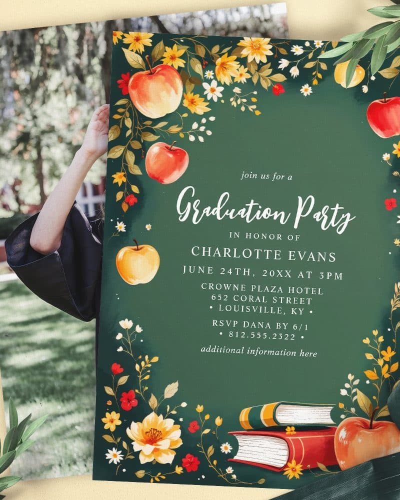 Graduation party invitation for Charlotte Evans, featuring apples, flowers, and books.