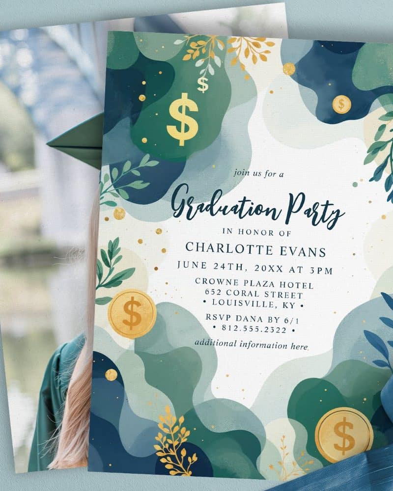 Graduation party invitation for Charlotte Evans, featuring teal and green abstract shapes, gold dollar coin accents, and gold floral details.