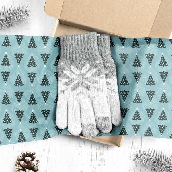 Pair Of Gray And White Knit Gloves With Snowflake Pattern, In A Christmas-Themed Gift Box.
