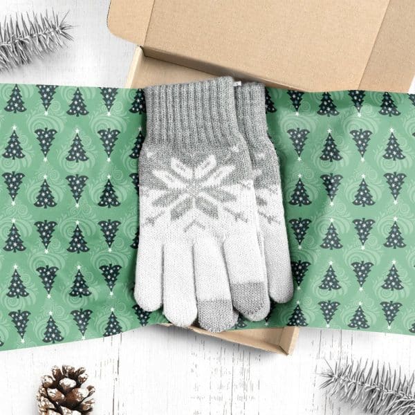 Pair Of Grey And White Knit Gloves With Snowflake Design In A Christmas Gift Box.