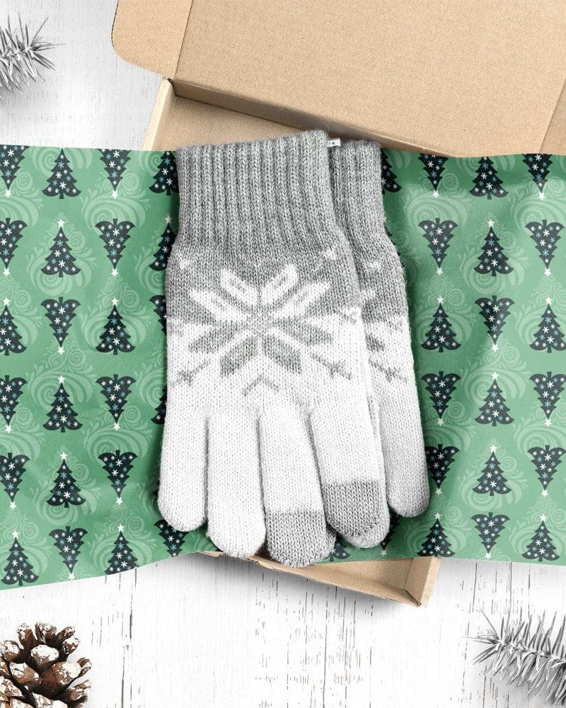 Pair of grey and white knit gloves with snowflake design in a Christmas gift box.