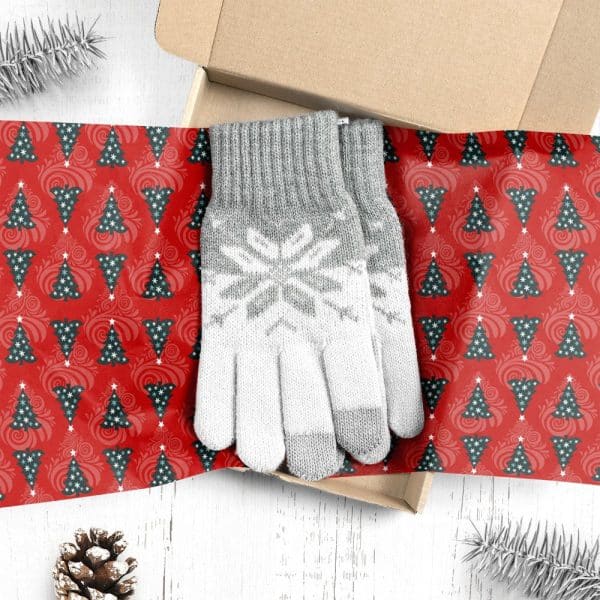 Gray And White Snowflake Patterned Gloves In A Christmas-Themed Gift Box.