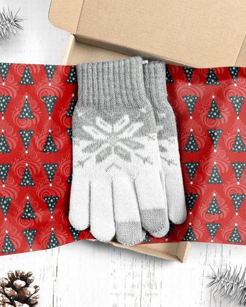 Gray and white snowflake patterned gloves in a Christmas-themed gift box.