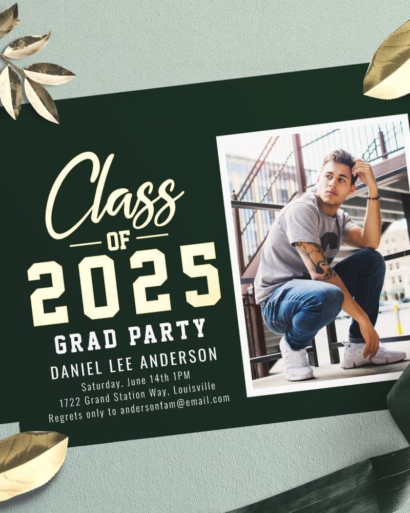 Graduation party invitation for Daniel Lee Anderson, class of 2025. A photo of the graduate is included.