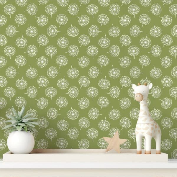 Olive Green Wall With A Repeating Pattern Of White Dandelions, Featuring A Small Giraffe Toy And A Potted Plant On A Shelf.