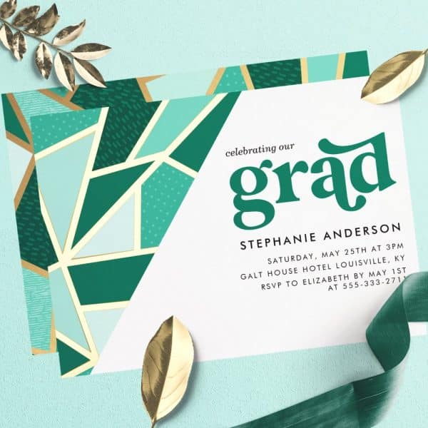 Graduation Invitation For Stephanie Anderson With Teal And Gold Geometric Design.