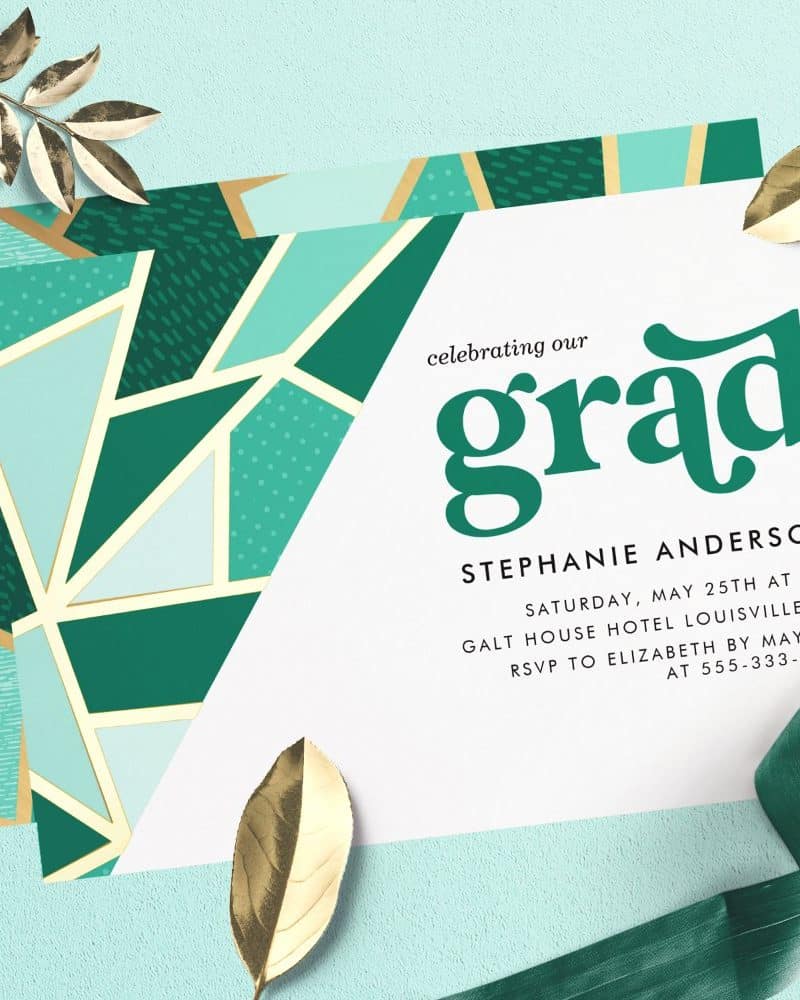 Graduation invitation for Stephanie Anderson with teal and gold geometric design.