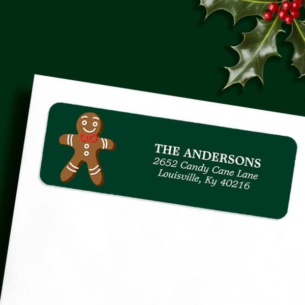 Dark Green Return Address Label With A Gingerbread Man And The Andersons' Address.