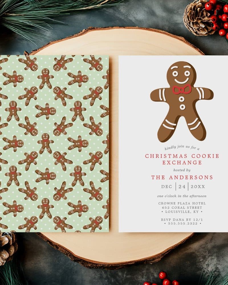 Christmas cookie exchange invitation with a gingerbread man illustration.