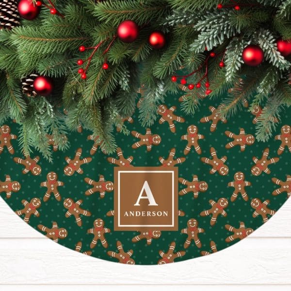 Green Christmas Tree Skirt With A Pattern Of Gingerbread Men And The Monogram A Anderson.