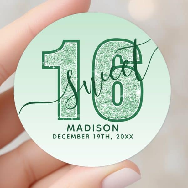 Green Glitter Sixteen With Sweet Sixteen Text And Madison'S Name And Date.