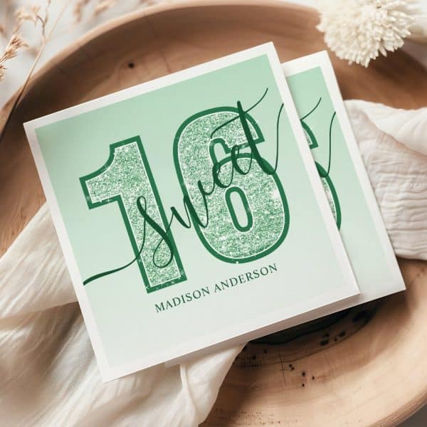 Sweet Sixteen Invitation For Madison Anderson, Featuring Sparkly Green Numbers.