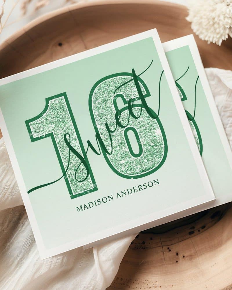 Sweet sixteen invitation for Madison Anderson, featuring sparkly green numbers.