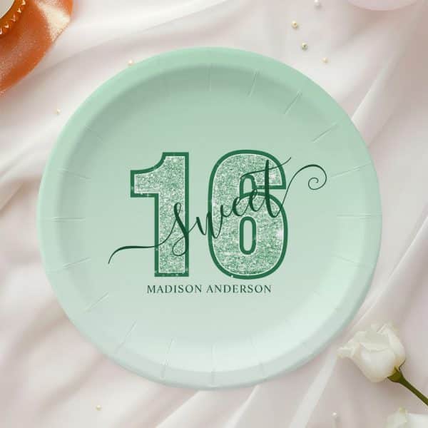 Mint Green Paper Plate With The Number 16 In Sparkly Green Lettering; The Words Sweet Sixteen Are Incorporated Into The Design; Madison Anderson Is Printed Below.
