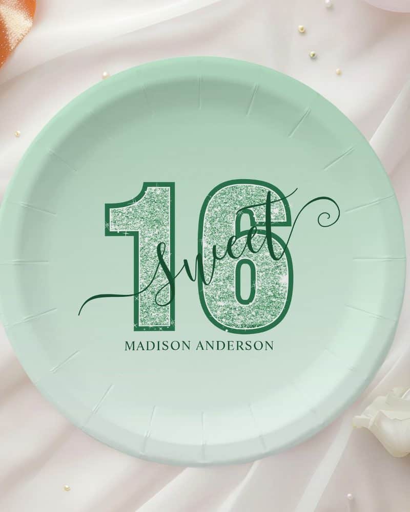 Mint green paper plate with the number 16 in sparkly green lettering; the words Sweet Sixteen are incorporated into the design; Madison Anderson is printed below.