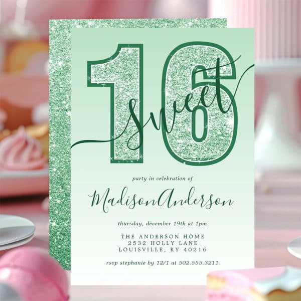 Green Glitter Sixteen Sweet Sixteen Invitation For Madison Anderson.