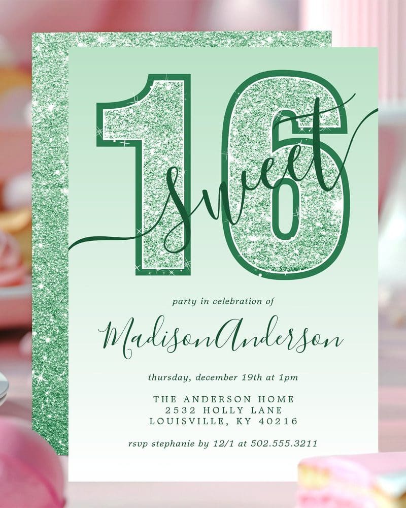 Green glitter sixteen Sweet sixteen invitation for Madison Anderson.