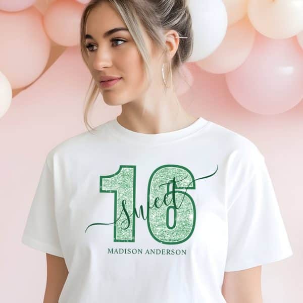 Woman Wearing A White T-Shirt With Green Glitter Sixteen And The Word Sweet. The Name Madison Anderson Is Printed Below.